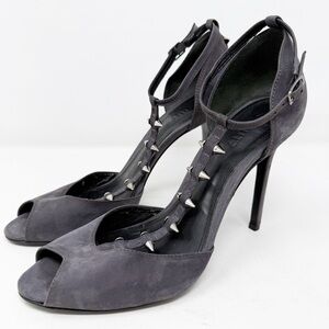Schutz Gray Suede Leather Studded BENTEN Peep Toe Pumps Size 9.5B Stiletto Heels